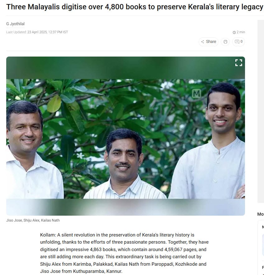 [Mathrubhumi English] Three Malayalis digitise over 4,800 books to preserve Kerala's literary legacy