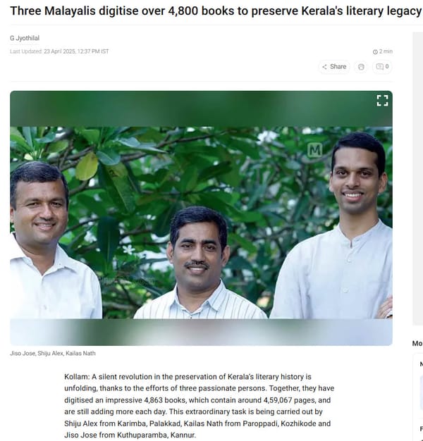 [Mathrubhumi English] Three Malayalis digitise over 4,800 books to preserve Kerala's literary legacy