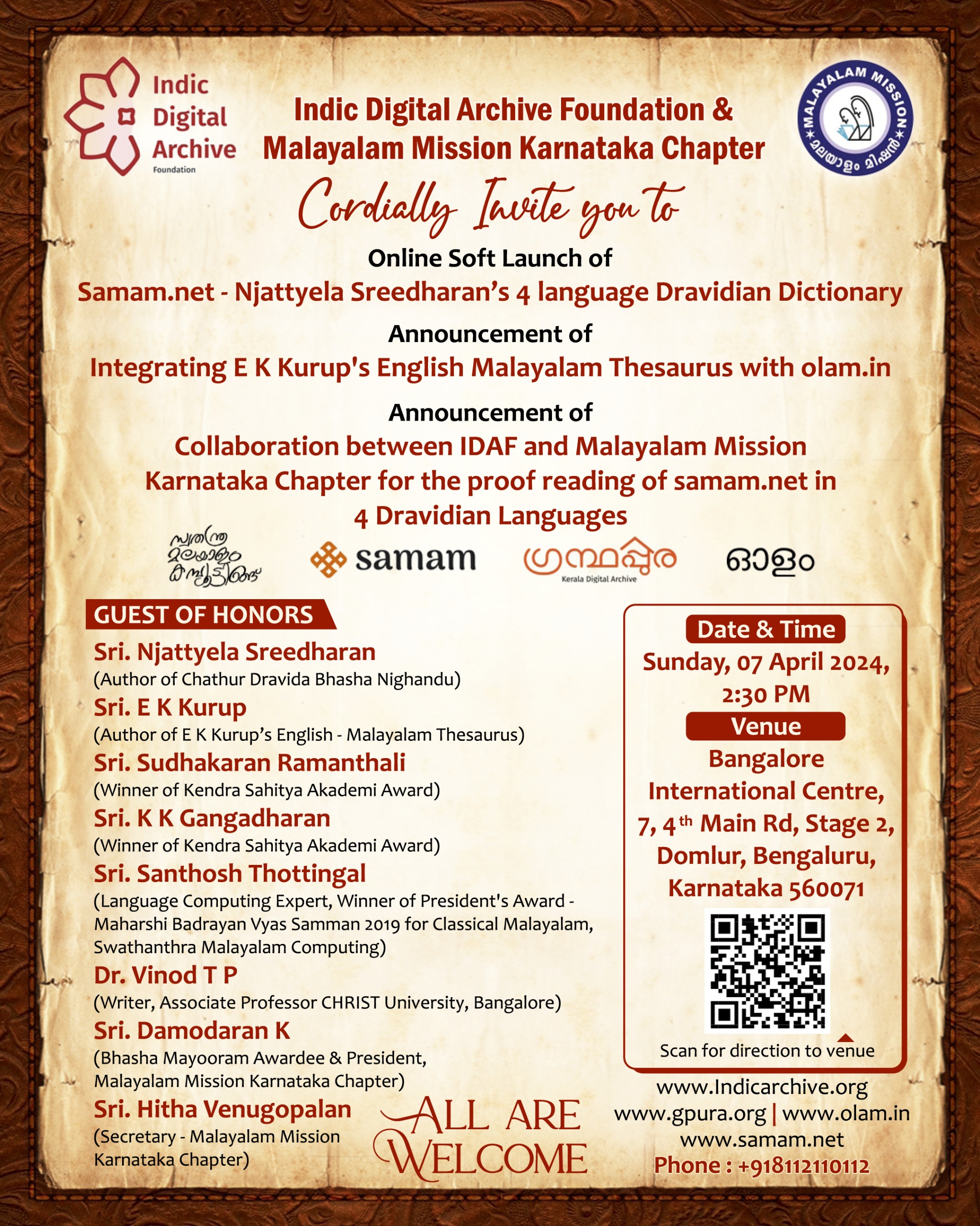 Inauguration of IDAF- Malayalam Mission collaboration and honoring Njattyela Sreedharan and E K Kurup